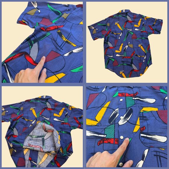 1990s abstract mens shirt, size M vintage 90s blue, red & green short sleeve top - Picture 7 of 10